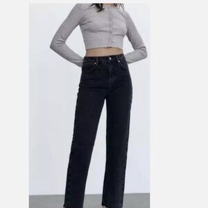 Zara Black Straight Leg Jeans High Waisted Rigid